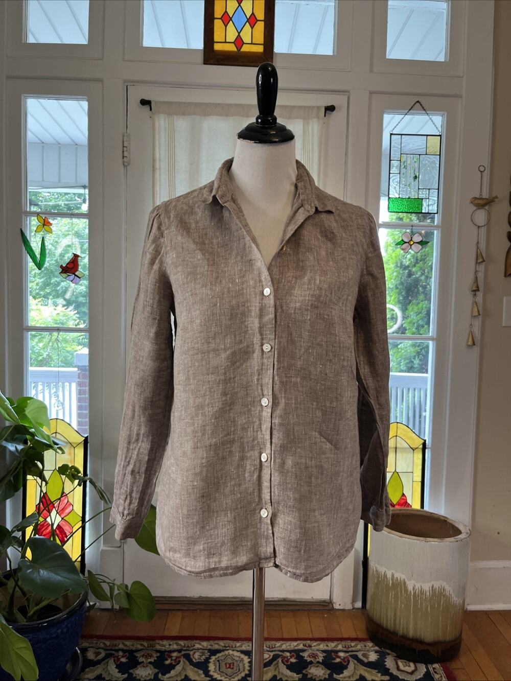 J Jill S Love Linen Essential Shirt Brown Lagenlook 100% Linen Button Down Boho